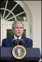 President George W. Bush delivers remarks on the ongoing conflict involving Georgia, Russia, and the Georgian provinces of Abkhazia and South Ossetia.Monday, Aug. 11, 2008, in the Rose Garden of the White House. White House photo by Joyce N. Boghosian