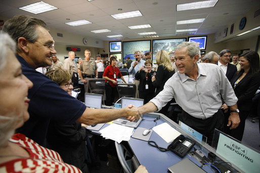 President George W. Bush greets and thanks personnel at the Emergency Operations Center in Austin, Texas, Monday, Sept. 1, 2008, following a briefing update on Hurricane Gustav. White House photo by Eric Draper