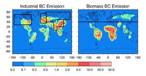 Graph showing industrial and biomass black carbon emissions with boxed areas showing regions assumed in the model experiments.