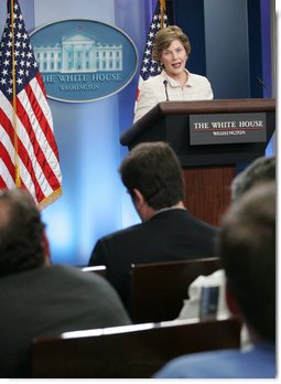 Mrs Laura Bush addresses reporters in the James S. Brady Press Briefing Room Monday, May 5, 2008 at the White House, on the humanitarian assistance being offered by the United States to the people of Burma in the aftermath of the destruction caused by Cyclone Nargis. White House photo by Shealah Craighead