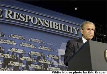 President George W. Bush addresses corporate leaders on Wall Street in New York, Tuesday, July 9. The President, who unveiled plans to create a new Corporate Fraud Task Force, introduced criminal penalties for corporate fraud and fund new initiatives in the SEC that will provide accountability to corporate America. White House photo by Eric Draper