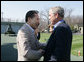 President George W. Bush and Laura Bush welcome South Korean President Lee Myung-bak and his wife, Kim Yoon-ok, Friday, April 18, 2008, to the Presidential retreat at Camp David, Md. White House photo by Joyce N. Boghosian