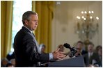 President George W. Bush discusses his Global HIV/AIDS Initiative in the East Room Tuesday, April 29, 2003. "Today, on the continent of Africa alone nearly 30 million people are living with HIV/AIDS, including 3 million people under the age of 15 years old. In Botswana, nearly 40 percent of the adult population -- 40 percent -- has HIV, and projected life expectancy has fallen more than 30 years due to AIDS," said the President.