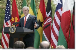 President George W. Bush delivers remarks during a ceremony marking Malaria Awareness Day Wednesday, April 25, 2007, in the Rose Garden. "Today, citizens around the world are making a historic commitment to end malaria. In European capitals, parliaments are debating how their governments can help. In Ontario, Canadians are commemorating their first World Malaria Day by raising money for bed nets for Uganda," said President Bush. "Across the continent of Africa, people are teaching their families, friends, and neighbors how to protect themselves from this deadly disease."  White House photo by Eric Draper