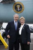 President George W. Bush presented the President’s Volunteer Service Award to Eileen Hadbavny upon arrival in Charleston, South Carolina, on Friday, October 10, 2008.  Hadbavny is a volunteer with the Carolina Lowcountry Chapter of the American Red Cross.  To thank them for making a difference in the lives of others, President Bush honors a local volunteer when he travels throughout the United States.  He has met with more than 650 volunteers, like Hadbavny, since March 2002.