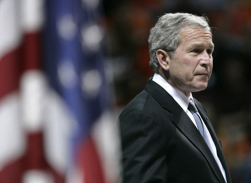 President George W. Bush addresses his remarks during the Convocation Tuesday, April 17, 2007 in Blacksburg, Va., honoring the students, faculty and staff who died or were injured in Monday's tragic shooting at Virginia Tech. President Bush said, "It's impossible to make sense of such violence and suffering." White House photo by Eric Draper