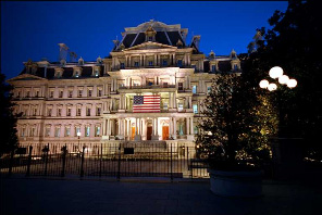 The North wing of the Eisenhower Executive Office Building at night.