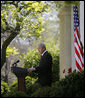 President George W. Bush speaks on climate change during remarks from the Rose Garden Wednesday, April 16, 2008, at the White House. Said the President, "I'm confident that with sensible and balanced policies from Washington, American innovators and entrepreneurs will pioneer a new generation of technology that improves our environment, strengthens our economy, and continues to amaze the world." White House photo by Noah Rabinowitz