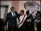 President George W. Bush shares a moment with members of the Euphonic Jazz Band Monday evening, April 21, 2008, onstage at the U.S. Chamber of Commerce prior to attending the 2008 North American Leaders’ Summit dinner in New Orleans. White House photo by Joyce N. Boghosian