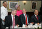 President George W. Bush thanks Dooky Chase's restaurant owners Leah and Dooky Chase Tuesday morning, April 22, 2008 in New Orleans, where President Bush hosted a breakfast meeting with President Felipe Calderon of Mexico and Canadian Prime Minister Stephen Harper during the final day of the 2008 North American Leaders' Summit. White House photo by Joyce N. Boghosian