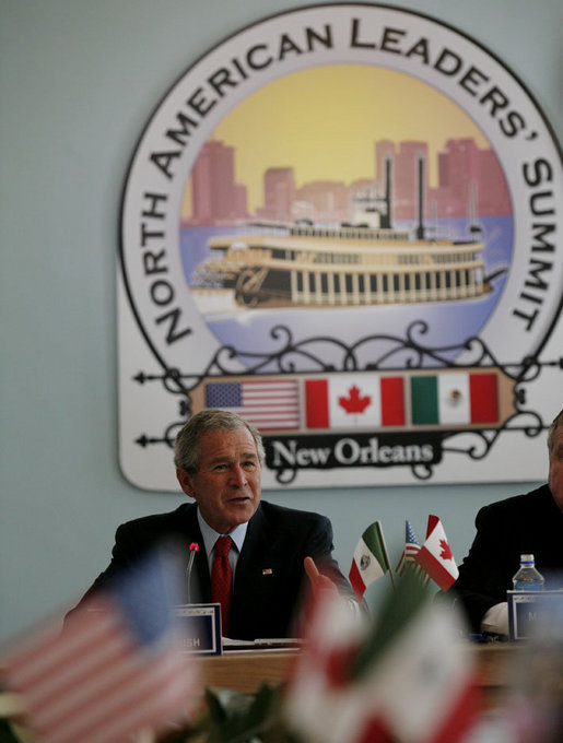 President George W. Bush addresses a meeting of the North American Competitiveness Council Tuesday, April 22, 2008 in New Orleans, attended by Mexico's President Felipe Calderon and Canada's Prime Minster Stephen Harper, along with international business leaders at the 2008 North American Leaders' Summit. White House photo by Joyce N. Boghosian