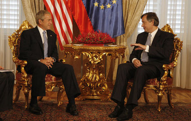 President George W. Bush and President Danilo Turk sit in the Gold Room of Brdo Castle during their meeting Tuesday, June 10, 2008. The President and Mrs. Laura Bush will continue their European visit when they depart later in the afternoon for Gernany. White House photo by Eric Draper