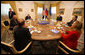 President George W. Bush attends a meeting with a delegation of European Union leaders, joined by National Security Advisor Steve Hadley, left, Tuesday, June 10, 2008 at Brdo Castle in Kranj, Slovenia. Joining President Bush from right are, Slovenia Prime Minister Janez Jansa; European Commission President Jose Manuel Barroso; Benita Ferrero-Waldner, commissioner for External Relations and European Neighborhood Policy; European Union Secretary General Javier Solana and Dimitrij Rupel, Slovenia Minister for Foreign Affairs. White House photo by Eric Draper