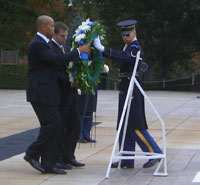 Fellows Mark Smith (Major, USAF) and Jeff Eggers (Lieutenant Commander, USN) lay a wreath at the Tomb of the Unknown Solider, Arlington National Cemetery