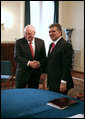 Vice President Dick Cheney shakes hands with President Gul of Turkey Monday, March 24, 2008 during their meeting at the presidential residence in Ankara, Turkey. White House photo by David Bohrer