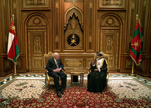 Vice President Dick Cheney meets with Sultan Qaboos bin Said of Oman Wednesday, March 19, 2008 in Muscat. The visit to Muscat is the second stop on a 10-day trip to the Middle East and Turkey. White House photo by David Bohrer