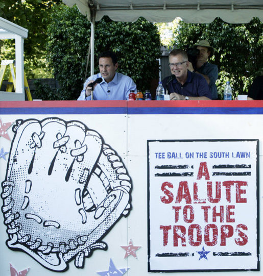 Brian Kilmeade, Co-Host, Fox & Friends Fox News Channel, left, and Tim McCarver, Fox-Sports Broadcaster, Former MLB All-Star & World Series Champion, announce the Tee Ball on the South Lawn: A Salute to the Troops game Sunday, Sept. 7, 2008, on the South Lawn of the White House. White House photo by Grant Miller