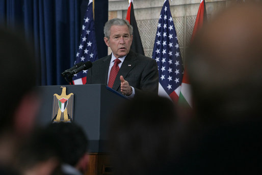 President George W. Bush speaks during a joint press availability Thursday, Jan. 10, 2008, with President Mahmoud Abbas of the Palestinian Authority, in Ramallah. President Bush said of his counterpart, “President Abbas was elected on a platform of peace. The conditions on the ground are very difficultÉ nevertheless, this man and his government not only works for a vision, but also works to improve the lives of the average citizens, which is essential for the emergence of a Palestinian democracy. White House photo by Chris Greenberg