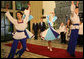 President George W. Bush and President Shimon Peres of Israel watch as a group of youthful entertainers performs Wednesday, Jan. 9, 2008, at the President’s residence in Jerusalem. White House photo by Eric Draper