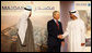 President George W. Bush shakes hands with Crown Prince Sheikh Mohammed bin Zayed Al Nahyan after viewing exhibitions Monday, Jan. 14, 2008, on the future of the United Arab Emirates at the Emirates Palace Hotel in Abu Dhabi. White House photo by Eric Draper