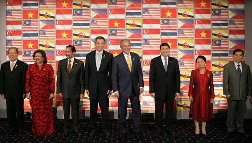 President George W. Bush joins leaders of the Association of Southeast Asian Nations for a photo opportunity Friday, Sept. 7, 2007, in Sydney. From left are: Prime Minister Surayud Chulanont of Thailand; Minister Rafidah Aziz of Malaysia; Sultan Haji Hassanal Bolkiah of Brunei; President Bush; Foreign Affairs Minister Noer Hassan Wirajuda of Indonesia; President Gloria Macapagal-Arroyo of the Philippines, and President Nguyen Minh Triet of Vietnam. White House photo by Chris Greenberg