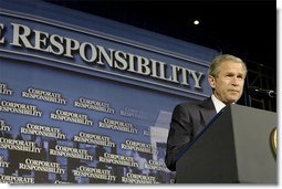 President George W. Bush addresses corporate leaders on Wall Street in New York, Tuesday, July 09. The President, who unveiled plans to create a new Corporate Fraud Task Force, introduced criminal penalties for corporate fraud and fund new initiatives in the SEC that will provide accountability to corporate America. White House photo by Eric Draper.