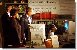 President George W. Bush tours the Faith-Based Welfare Reform Program at the Holy Redeemer Institutional Church of God in Christ in Milwaukee, Wis., Wednesday, July 2. White House photo by Tina Hager.