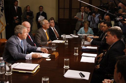 President George W. Bush addresses the media Tuesday, Sept. 2, 2008, before participating in a briefing on Hurricane Gustav with the Cabinet. In urging continued coordination with state and local officials, the President said, "We recognize that the pre-storm efforts were important and so are the follow-up efforts." White House photo by Eric Draper