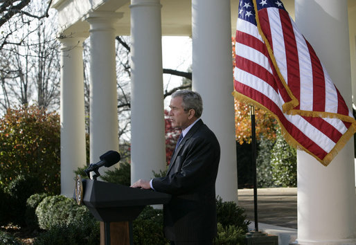 President George W. Bush delivers a statement on the budget Monday, Dec. 3, 2007, in the Rose Garden of the White House. White House photo by Eric Draper