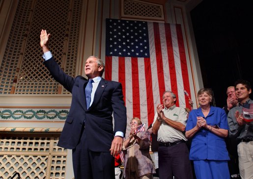 President George W. Bush waves to the crowd during his introduction at the Stockton Memorial Auditorium in Stockton, Calif., Friday, Aug. 23. White House photo by Eric Draper.