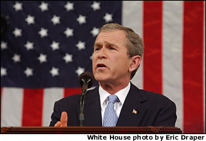 President George W. Bush delivers the State of the Union address before a joint session of congress at the Capitol, Tuesday, Jan 29, 2002.