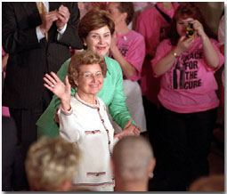 First Lady Laura Bush introduces her mother, Jenna Welch, during the Race For Cure Survivors event at the White House Friday, June 1. WHITE HOUSE PHOTO BY TARA ENGBERG