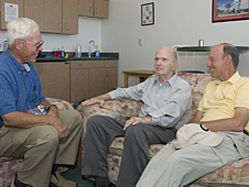 Retired NASA research pilots Tom McMurtry, Bill Dana and Rogers Smith reminisce during the Lancaster JetHawks Class A baseball team's Aug. 9 Aerospace Appreciation Night.