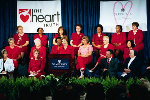 Laura Bush addresses a Heart Truth event at St Vincent's Hpspital in Jacksonville, Fla., July 15, 2004. White House photo by Joyce Naltchayan