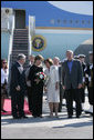 President George W. Bush and Mrs. Laura Bush are greeted by Poland's President Lech Kaczynski and Mrs. Maria Kaczynska at the Gdansk Lech Walesa International Airport Friday, June 8, 2007, in Gdansk. White House photo by Chris Greenberg