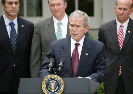 President George W. Bush delivers remarks prior to signing the FISA Amendments Act of 2008 Thursday, July 10, 2008, in the Rose Garden at the White House. White House photo by Chris Greenberg
