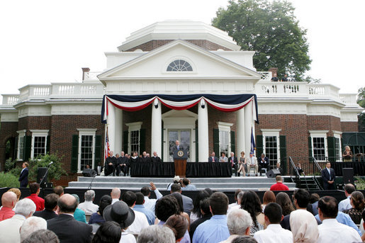 President George W. Bush delivers remark at Monticello's 46th Annual Independence Day Celebration and Naturalization Ceremony Friday, July 4. 2008, in Charlottesville, VA. White House photo by Joyce N. Boghosian