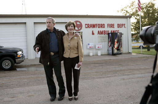 President George W. Bush speaks to the press after he and Laura Bush voted at the Crawford Fire Station in Crawford, Texas, Tuesday, Nov. 7, 2006. White House photo by Eric Draper