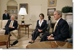 President George W. Bush meets with Congresswoman Nancy Pelosi (D-Calif.) and Congressman Steny Hoyer (D-Md.) in the Oval Office Thursday, Nov. 9, 2006. "First, I want to congratulate Congresswoman Pelosi for becoming the Speaker of the House, and the first woman Speaker of the House. This is historic for our country,” President Bush said. He also stated, "This is the beginning of a series of meetings we'll have over the next couple of years, all aimed at solving problems and leading the country."  White House photo by Eric Draper