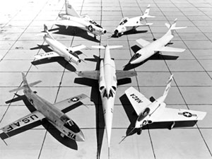 This image on the Dryden (then the NACA High-Speed Flight Research Station) ramp in June 1953 shows, clockwise from left, the Bell X-1A, D-558-1, XF-92A, X-5, D-558-2, X-4 and X-3, center.
