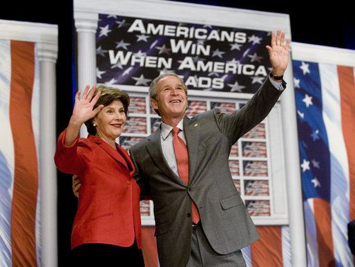 President George W. Bush and Mrs. Bush wave to the audience following the President's remarks on the 2006 agenda, Wednesday, Feb. 1, 2006 at the Grand Ole Opry House in Nashville. White House photo by Eric Draper