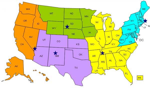A map of the United States showing the States targeted for each regional conference. The meeting in Albuquerque, New Mexico will cover Utah, Colorado, Kansas, Arizona, New Mexico, Kansas, Oklahoma and Texas. The meeting in Boston Massachusetts will cover Maine, New Hampshire, Vermont, New York, Massachusetts, Rhode Island, Connecticut, Pennsylvania, New Jersey, Maryland, Delaware, West Virginia and Virginia. The meeting in Rapid City, South Dakota will cover Montana, Wyoming, North Dakota, South Dakota, Nebraska, Minnesota and Iowa. The meeting in Henderson, Nevada will cover Washington, Oregon, Idaho, California, Nevada, Alaska and Hawaii. The meeting in Memphis, Tennessee will cover Alabama, Arkansas, Florida, Georgia, Illinois, Indiana, Kentucky, Louisiana, Michigan, Missouri, Mississippi, North Carolina, Ohio, Puerto Rico, South Carolina, Tennessee and Wisconsin.