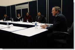President George W. Bush meets with small business owners and employees before speaking on jobs and economic growth at Harrison High School in Kennesaw, Ga., Thursday, Feb. 20, 2003.  White House photo by Eric Draper