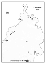 Figure 1. Map of the Newfoundland goat cooperative showing the farms (2-9) in relationship to the surrounding communities (A-D, the area from which the community cohort was derived). (Note: farm 1 is not directly involved with the cooperative.)