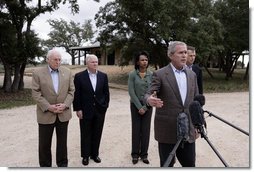 President George W. Bush is joined by, from left to right, Vice President Dick Cheney, Secretary of Defense Robert Gates, Secretary of State Condoleezza Rice and Chairman of the Joint Chiefs of Staff General Peter Pace, as he speaks with reporters following his meeting with his national Security team Thursday, Dec. 28, 2006, at Prairie Chapel Ranch in Crawford, Texas.  White House photo by Paul Morse