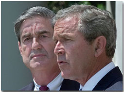 President George W. Bush announces Robert Mueller to be
	director of the FBI during an event in the Rose Garden,
	Thursday, July 5, 2001. WHITE HOUSE PHOTO BY ERIC DRAPER