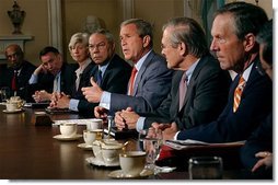 President George W. Bush addresses the media during a Cabinet meeting at the White House Aug. 1, 2003.  White House photo by Tina Hager