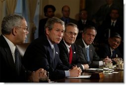 President George W. Bush meets with his Cabinet the day after beginning the disarmament of Iraq in the Cabinet Room Thursday, March 20, 2003. Pictured with the President are, from left, State Secretary Colin Powell, Defense Secretary Donald Rumsfeld, Commerce Secretary Don Evans and Transportation Secretary Norman Mineta.  White House photo by Paul Morse