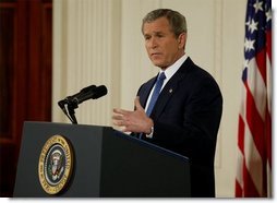 President George W. Bush discusses Iraq and terrorism with the media during a press conference in the East Room Thursday evening, March 6, 2003.  White House photo by Lynden Steele