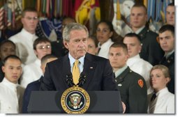 President George W. Bush speaks during the commissioning ceremony for Joint Reserve Officer Training Corps Thursday, May 17, 2007, in the East Room. "Over the years this room has been used for dances, concerts, weddings, funerals, award presentations, press conferences and bill signings," said President Bush. "Today we add another event to the storied legacy of the East Room -- the first Joint ROTC Commissioning Ceremony."  White House photo by Joyce N. Boghosian